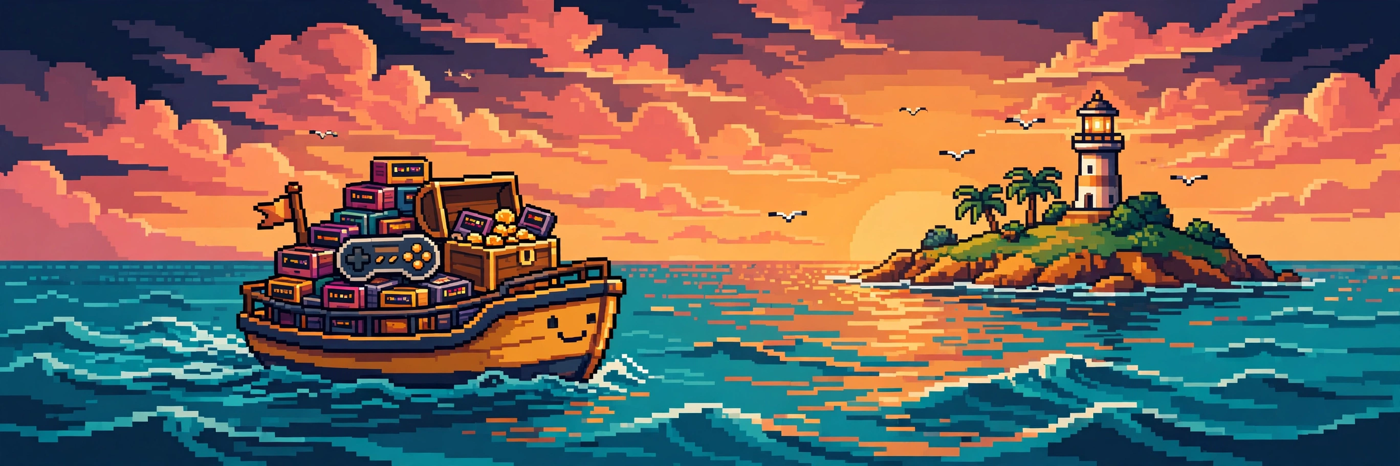 The S.S. Freeplay sailing to E2 island at sunset, piled high with games